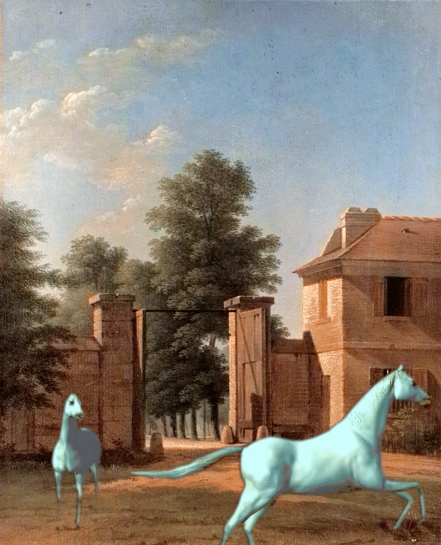 Jean-Victor Bertin's Entrance to the Park at Saint-Cloud, with two pale blue horses running through the gate