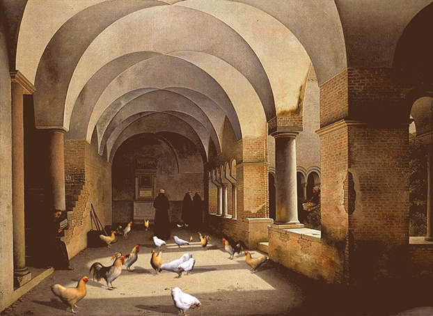 Christoffer Wilhelm Eckersberg's The Cloisters, San Lorenzo fuori le Mura, with chickens added across the cloister floor